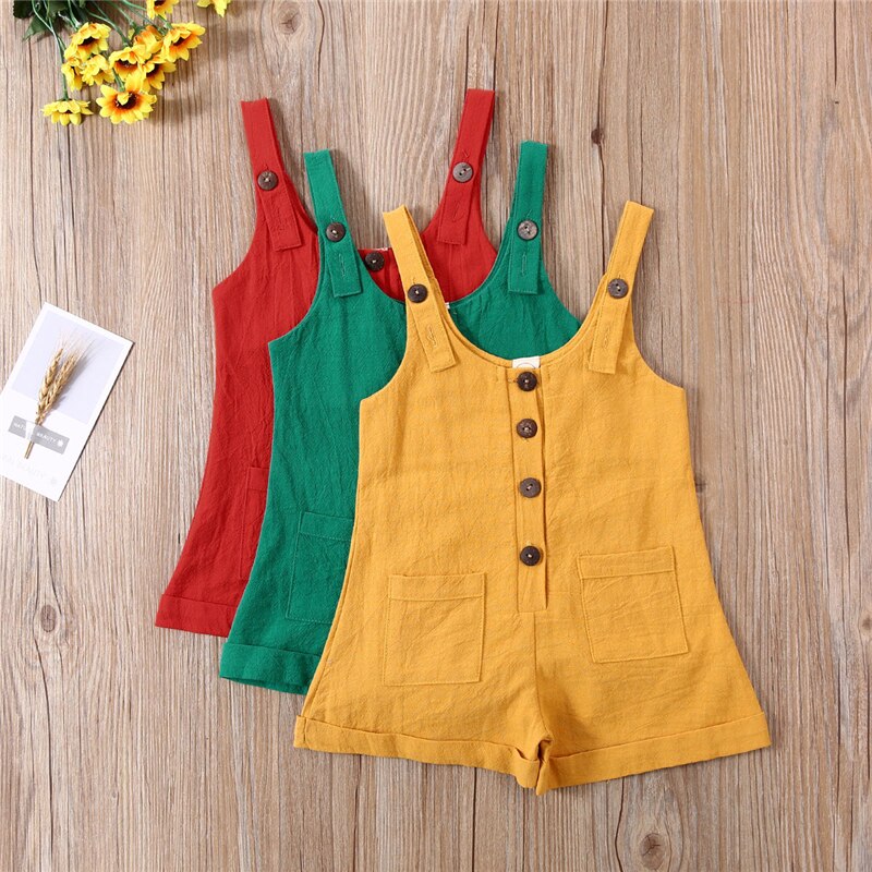Toddler baby enfärgad hängsel jumpsuit overall barn enkelknäppta shorts i ett stycke