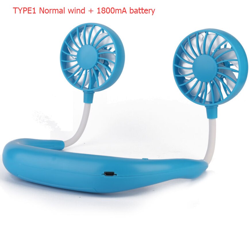 Mini USB Portable Fan Neck Fan Neckband With Rechargeable Battery Small Desk Fans handheld Air Cooler Light and Arama: Type1 Blue