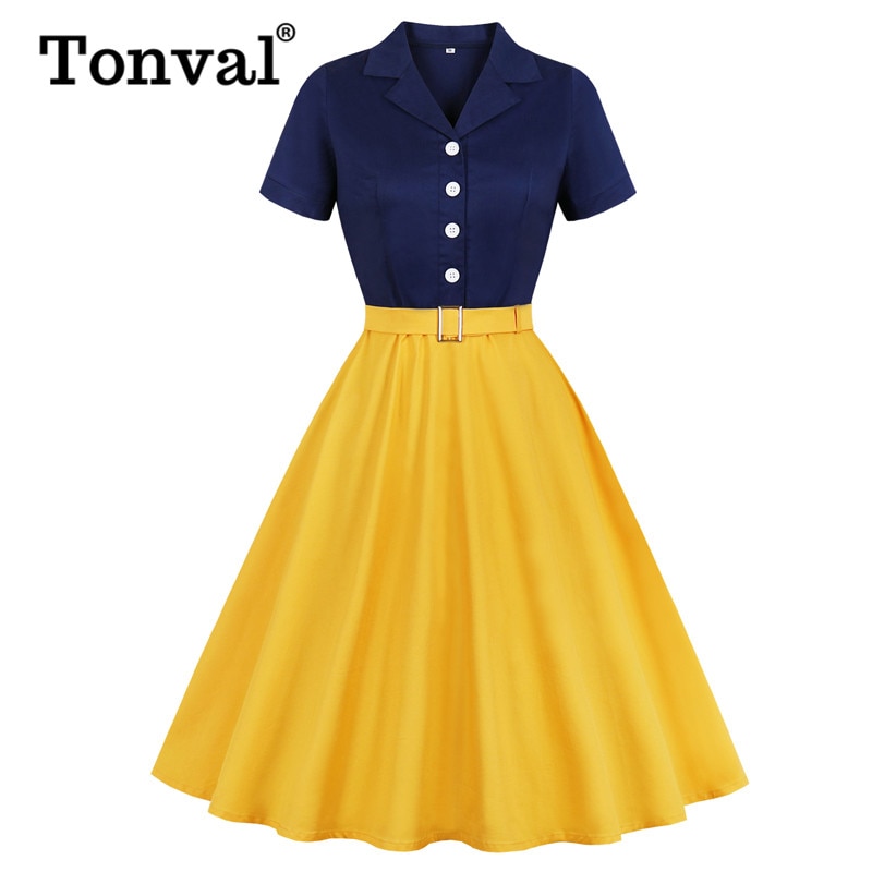 Tonval Marine Blau und Gelb Zwei Tonne-Geschmack hoch Baumwolle Elegante Kleid Frauen angeschnallt Rockabilly Jahrgang Plus Größe Midi- Kleider