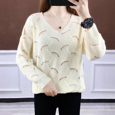 Suéter fino de verano para mujer, informal, liso, con agujeros, manga larga, cuello en v, prendas de punto sueltas, suéteres de punto: Beige