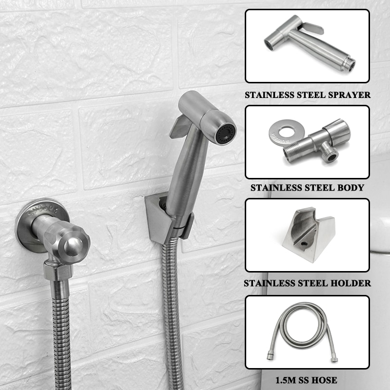 Brushed Steel Douche Kit Hand Held Bidet Sprayer Portable Toilet Bidet Faucet Shattaf Valve Jet Set Bathroom Hygienic Shower