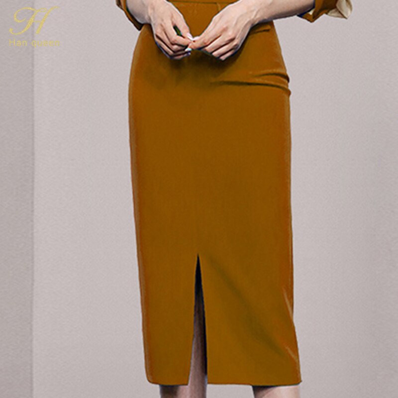 H Han Queen Women Work 2 Pieces Set Pocket Long Sleeves Blouses &amp; Split Sheath Pencil Skirt Korean Simple Skirt Suit