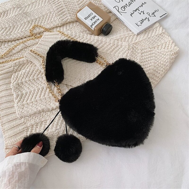 Schattige, schattige nepbont meisjes handtassen crossbody tassen voor vrouwen zachte pluche dames schoudertassen dames handtassen: Zwart