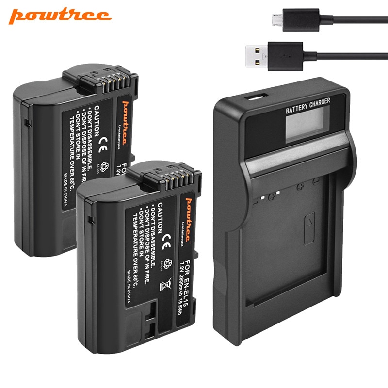 Powtree EN-EL15 ENEL15 Batterij + Lcd Usb Lader Voor Nikon D7000 D7100 D800 D800E D600 D610 D810 D7200 V1 Camera l15 En EL15