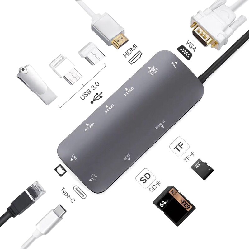 Usb C Hub, 9-In-1 Type C Adapter Met 4K Hdmi, 60Hz Vga, 1Gbps RJ45 Ethernet, 3 Usb 3.0 Poort, Sd/Tf Kaartlezer, 60W Pd Opladen Po