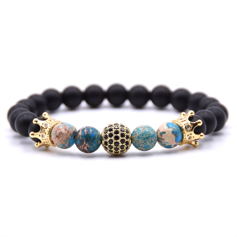 Golden Cz Bal & Crown Mannen Armbanden 8Mm Black Lucky Stone Kralen Armband Voor Vrouwen Mannen: 7