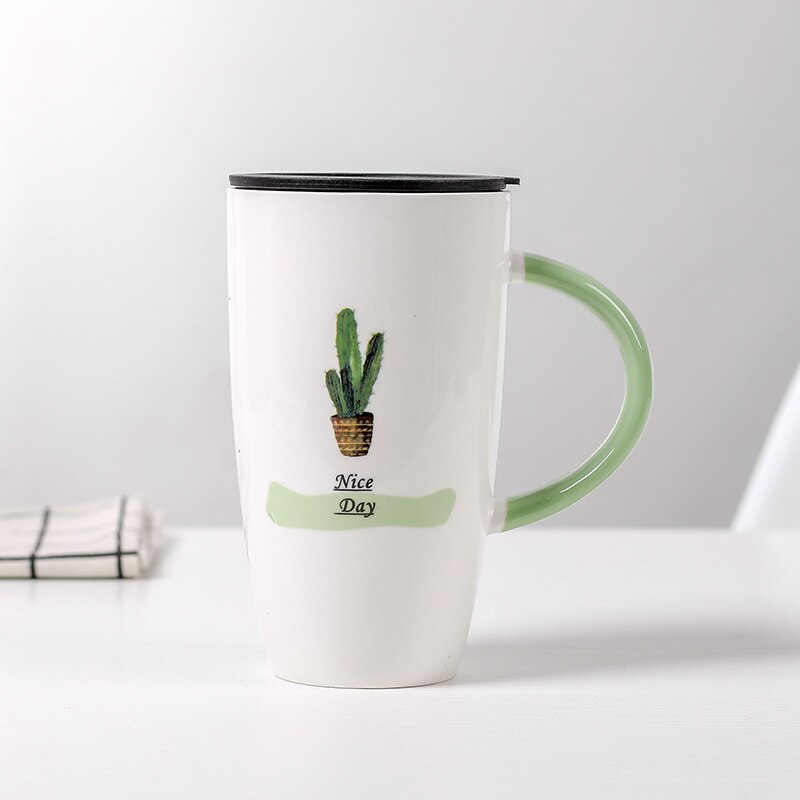 600ml kaktusmönster keramisk mugg med lock tecknade koppar mjölk kaffe te kopp grönt handtag porslinsmuggar fina: 02