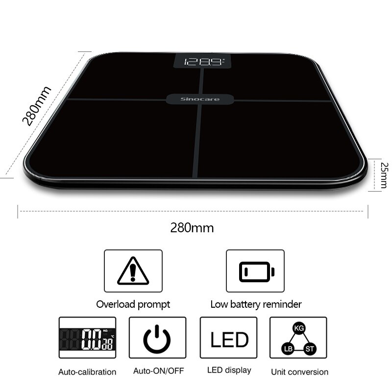 Sinocare-báscula de grasa corporal con Bluetooth, balanza de baño de 0,1 kg de precisión con 3 piedras/kg/lb, pantalla LED cuadrada con APP