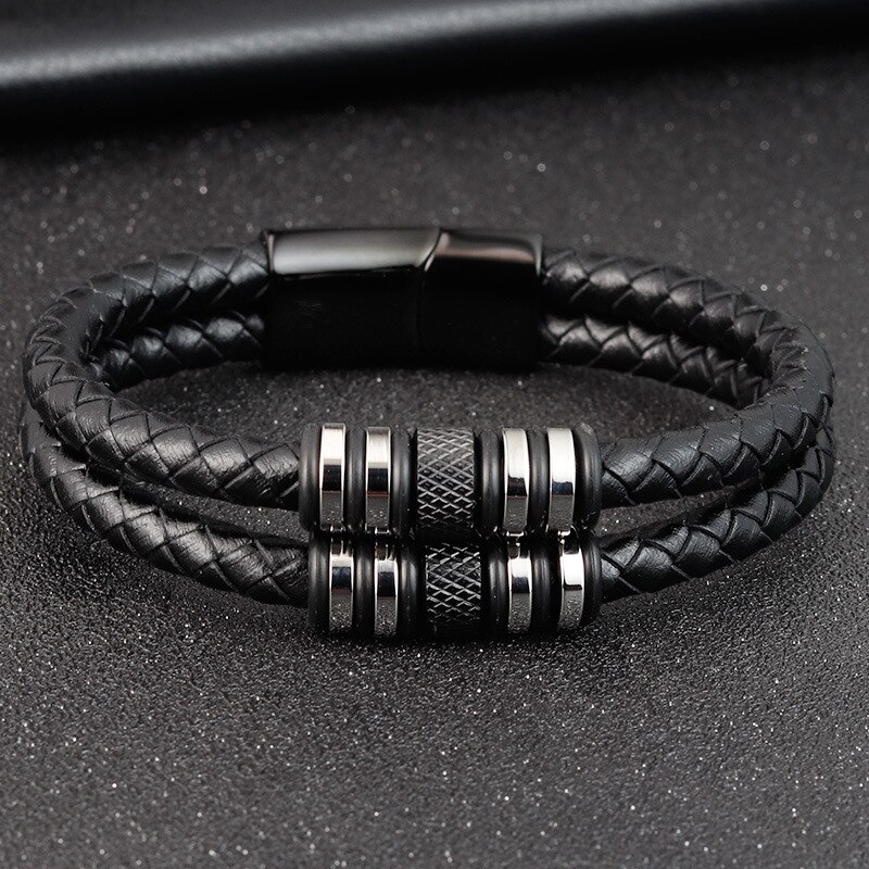 Multilayer rostfritt stål tillbehör hip hop rock stil svart färg herr läder armband år