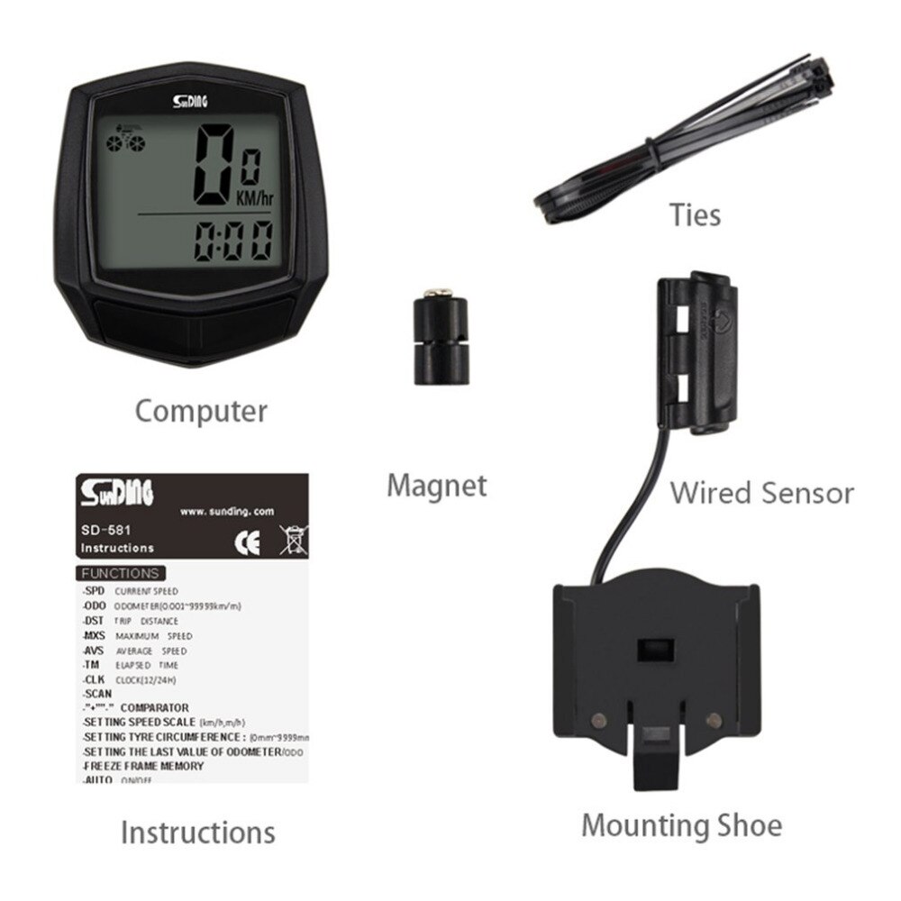 Sunding, bicicleta con cable, cronómetro, bicicleta, ordenador, velocímetro multifunción, Sensor de odómetro, accesorios deportivos al aire libre, SD-581, negro