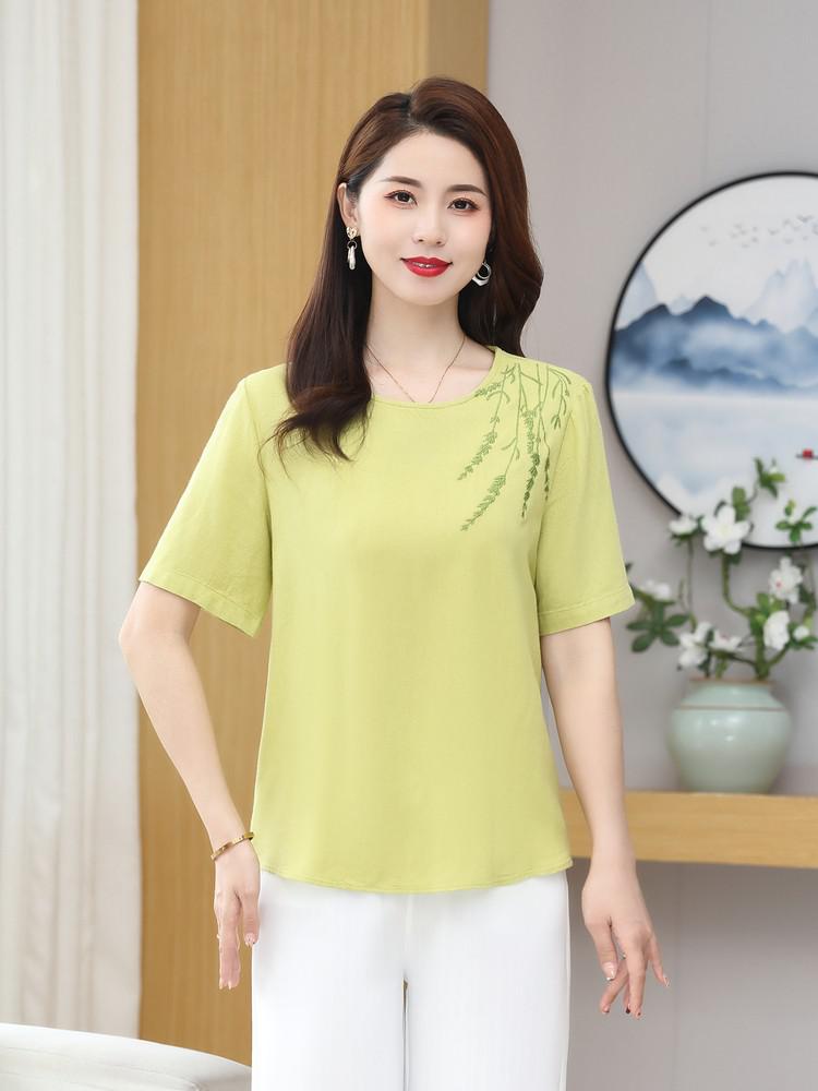 Women's Summer Style Retro Solid Color Round Neck Embroidered Cotton Hemp Button Short Sleeve Loose T-shirt Top: M / Yellow