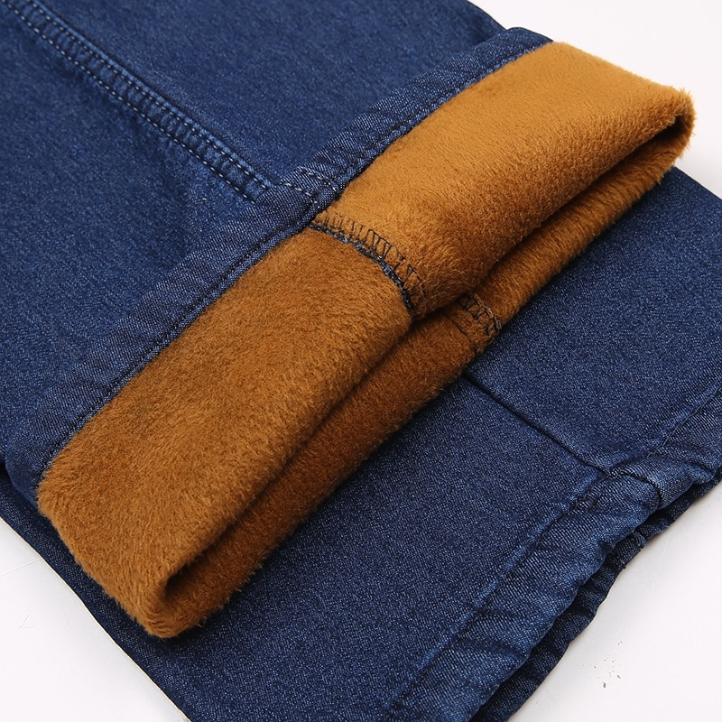Heren winter worm fleece jeans vader hoge elastische taille fluwelen casual rechte plus size denim broek