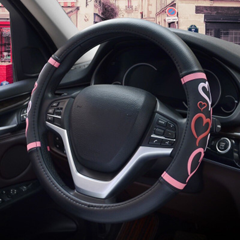 Cartoon Heart Steering Wheel Covers Microfeiber Leather Car Accessories For Girls Black Pink Cute Steering-Wheel Handle Cases