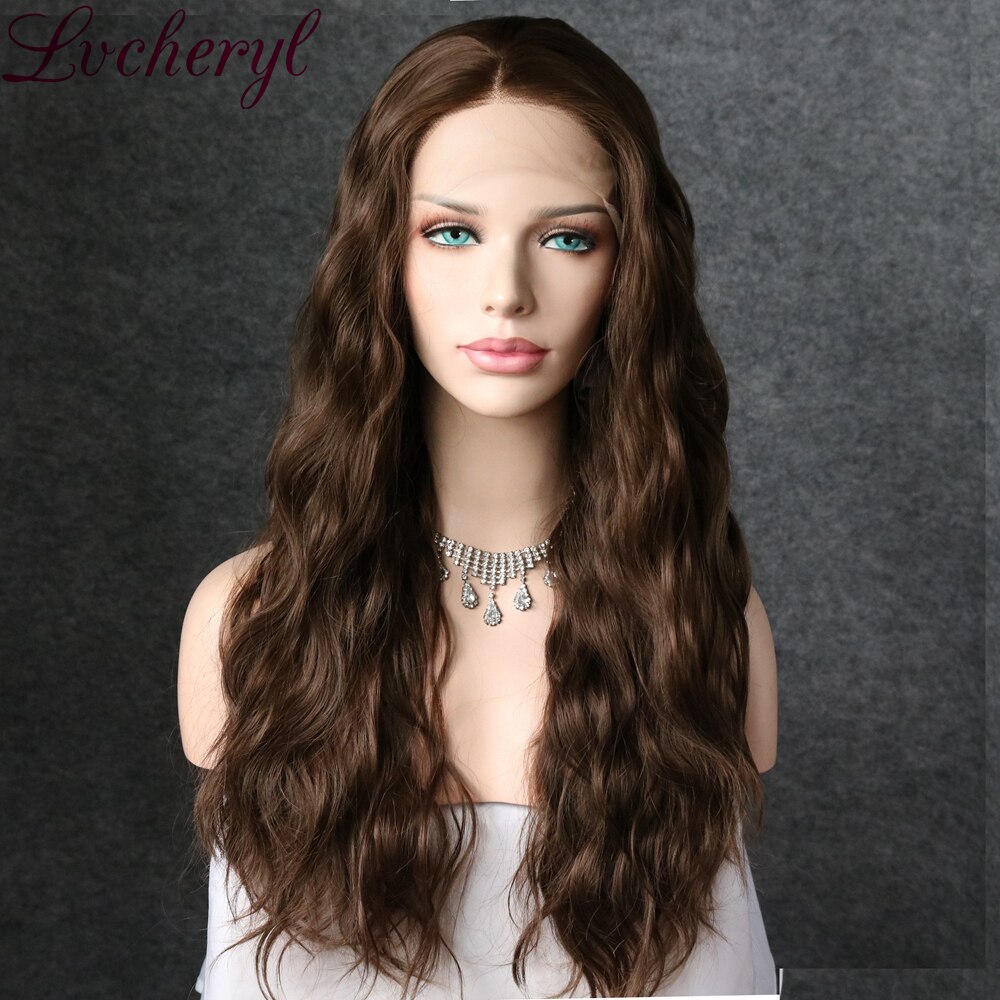 Lvcheryl Bruin Natuurlijke Lange Golvende Synthetische Lace Front Pruiken Hittebestendige Haar Pruiken Party Bruiloft Pruiken voor Vrouwen: 26 inches