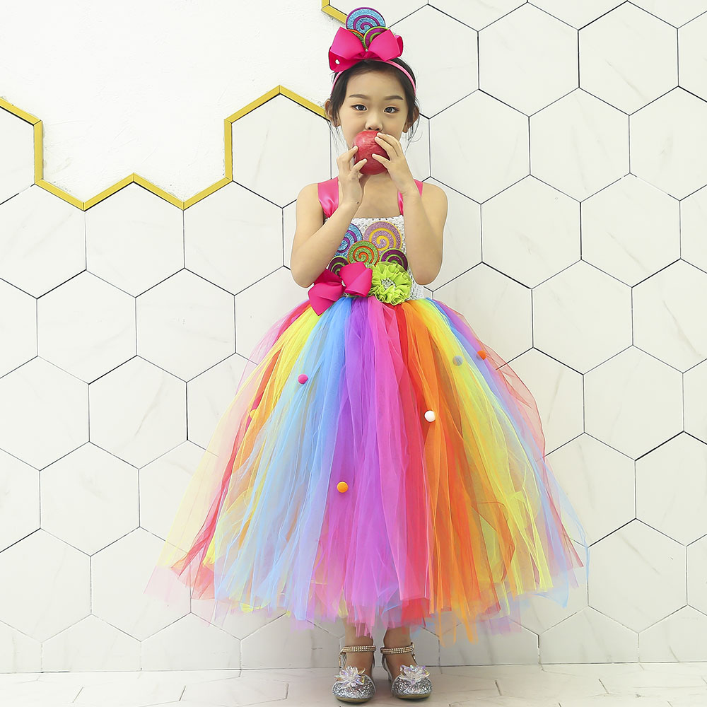 Arco Iris dulce caramelo Hada disfraz de cumpleaños niños Piruleta de arcoíris flor arco tutú vestido y Diadema para carnaval de Mardi Gras