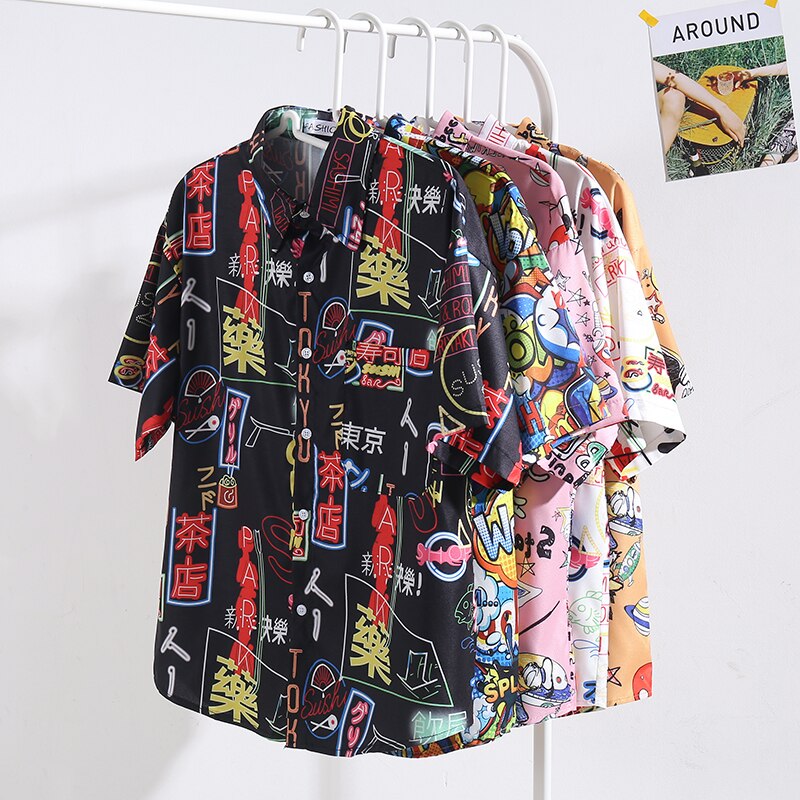 Chemise d'été élément chinois imprimé de plage homme, Graffiti, chemise hawaïenne pour homme et femme, chemise noire et blanche, décontracté