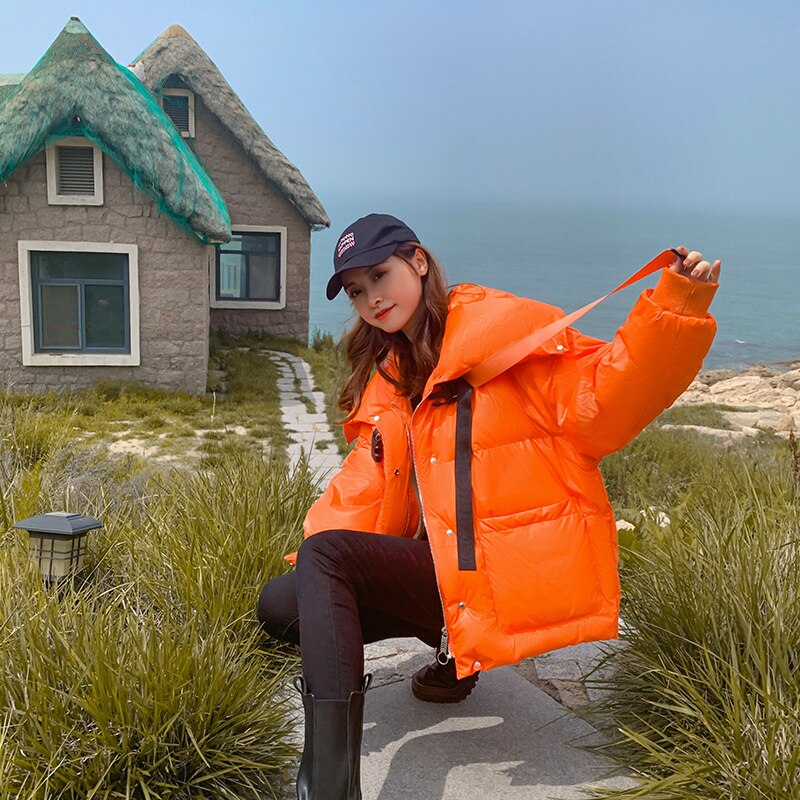 Efterår vinterjakke koreansk kort solid lynlås parkerfrakke fortykket varm afslappet damejakke  w94: Orange / S