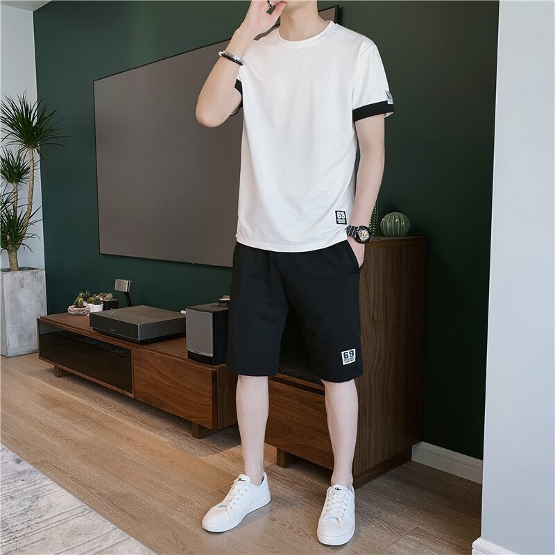 Casual masculino manga curta terno verão moda respirável solto terno de esportes ao ar livre correndo de fitness terno de duas peças: white / M