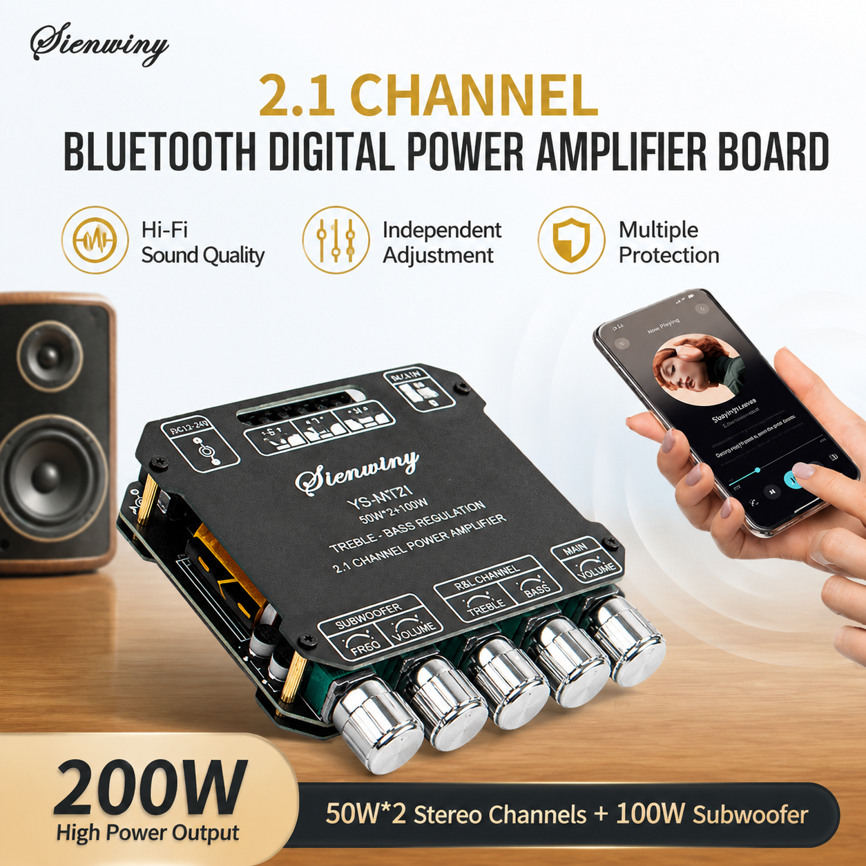 BT5.0 2.1CH Digital Amplifier Board 100W*2+100W Subwoofer Stereo Amp Treble Bass Control AUX 12/24V DIY Home Speaker Module