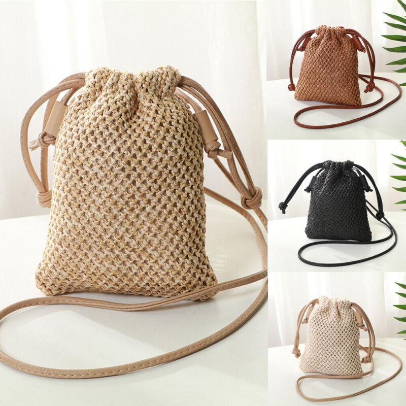 Women Girl Rattan Wicker Handbag Beach Crossbody Drawstring Bags Casual Bohemian Straw Woven Bag