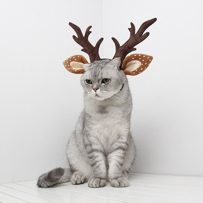 Diadema con cuernos asta de Reno para mascotas de Navidad sombrero de alce ajustable Aro para el pelo perro gato Cosplay accesorios de decoración de disfraces