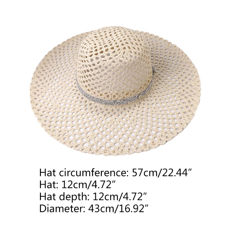 Dam sommar ihåligt mesh nät solhatt vävd halm stor bred brättad solkräm glitter strass kedja bälte panama strandmössa