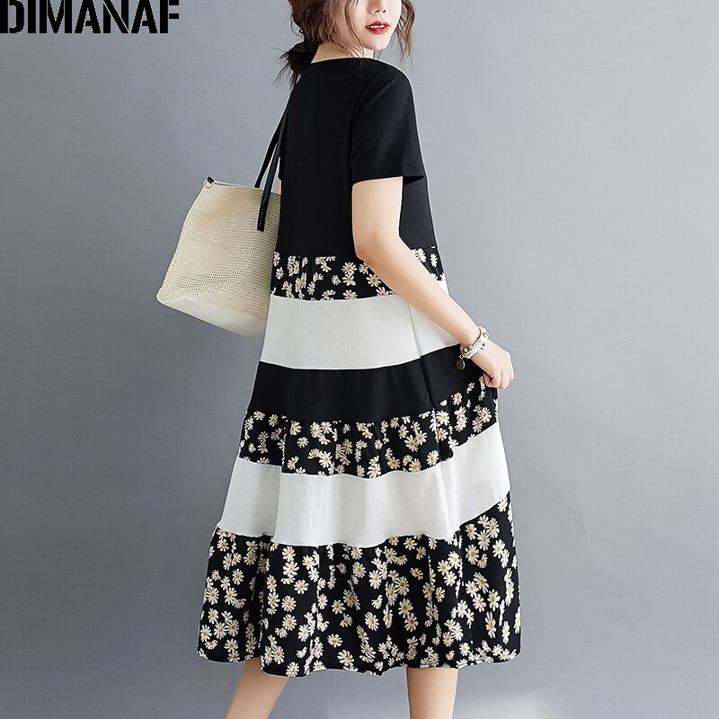 Dimanaf sommar plus size klänning damkläder solklänning löst tryck blommig veckad skarvad dam vestidos svart klänning