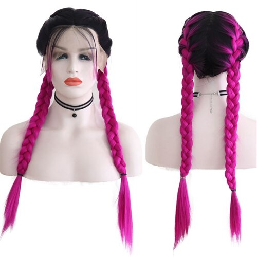JOY & BEAUTY-trenzas dobles de 24 "de largo liso negro degradado 6 colores trenzado sintético marrón claro suizo peluca con malla frontal con pelo de bebé: rose Red