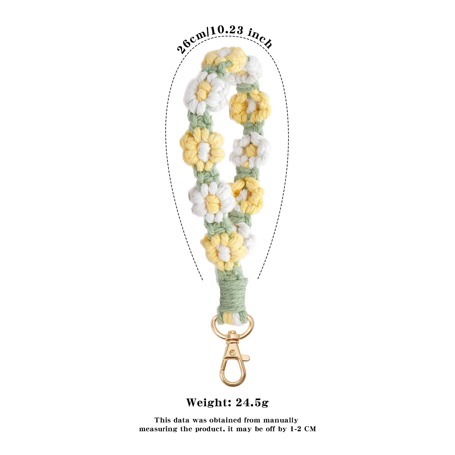 Cordão de Flor de Margarida em Crochê, Alça de Pulso Antiperda para Telefone, Mulheres e Meninas, Pingentes para Bolsa Feitos à Mão, Porta-chaves, Presentes: Banhado a ródio