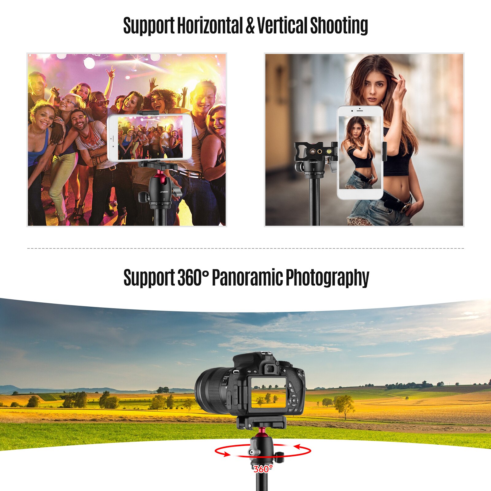 Andoer Q160H Camera Tripod Horizontal Mount Travel Tripod with 360 Panoramic Ball Head for DSLR ILDC Cameras DVs