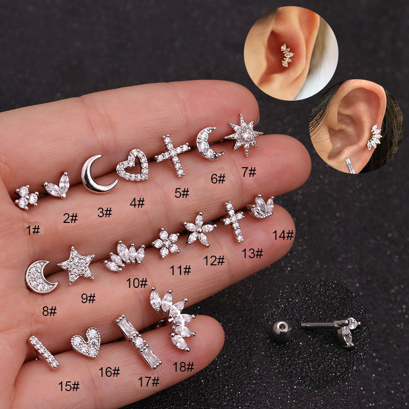 1Piece Gold Color Helix Piercing Stud Earring Women Conch Flat Ear Lobe Piercings Cartilage Tragus Stainless Steel Body Jewelry: Clear / Light Yellow Gold Color