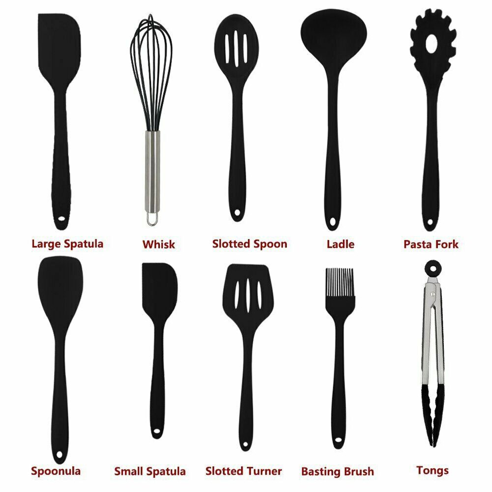 10Pcs Silicone Keukengereedschap Farberware Spoonula Spatel Lepels Turner Garde Koken Gereedschap Rood Zwart