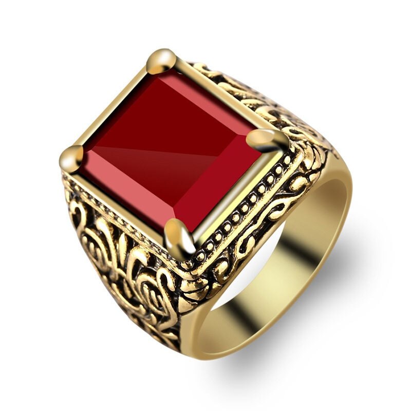 Splendido maschio femmina grande anello di fidanzamento rosso carino gioielli in oro giallo zircone anello di pietra fedi nuziali Vintage per uomo e donna