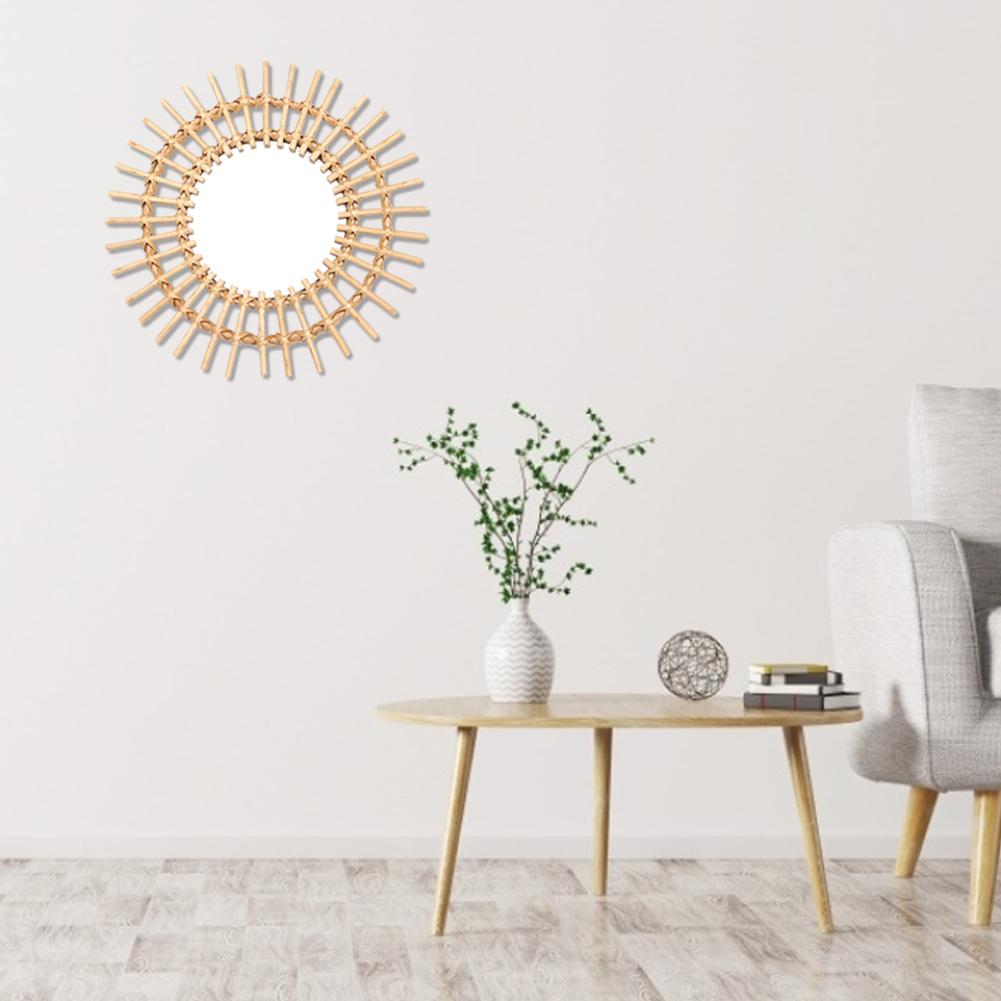 Espejo de maquillaje redondo de ratán , tocador para baño, espejo de tocador colgante para pared, decoración artística para el hogar