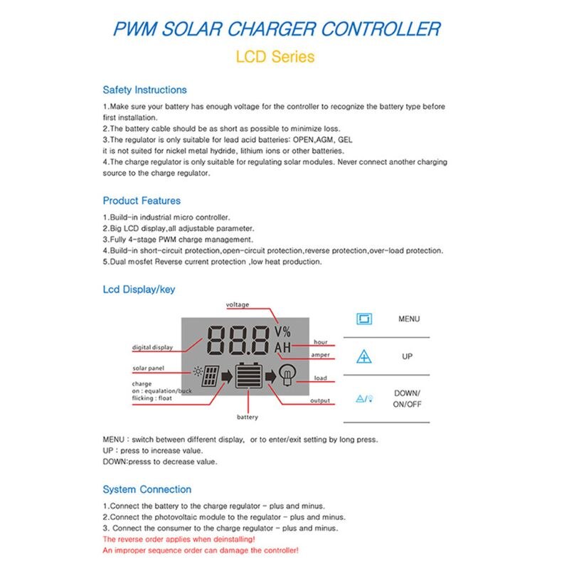 30A/20A/10A DC 12V 24V Auto Solar Charge Controller PWM Controller LCD Dual USB 5V Output Solar Panel PV Regulator