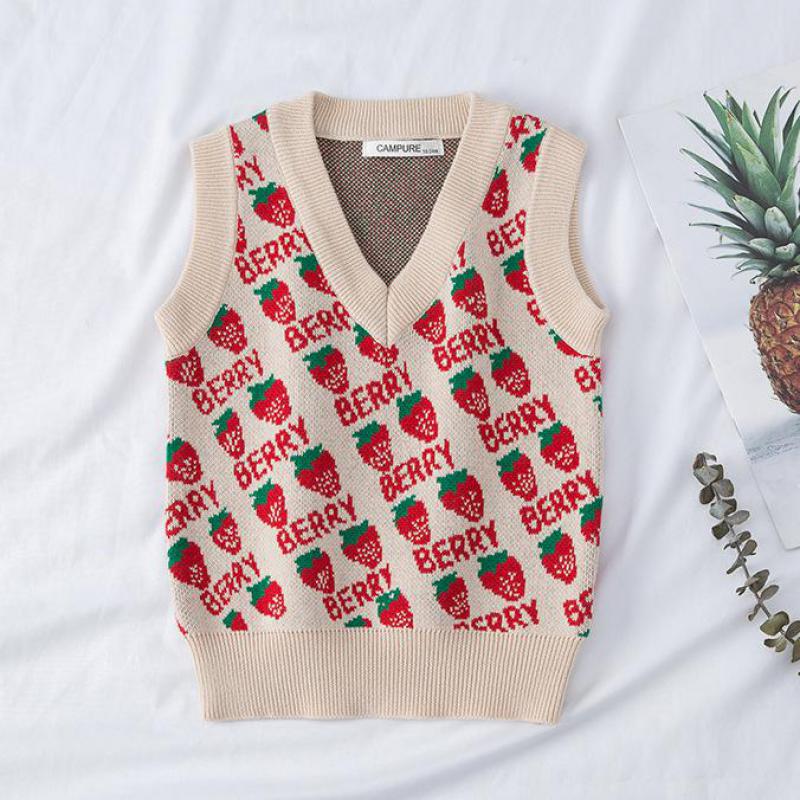 1-7t efterårs børn bomuld strik cardigan baby piger drenge ærmeløs sweater børn strik vest jordbær print pige sweatere