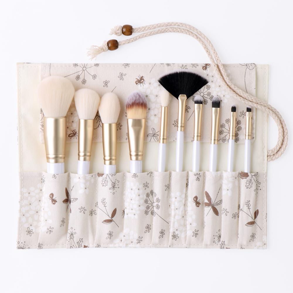 Unique 10Pcs Makeup Brushes Set With Bag White Wooden Handle Soft Bionic Wool Hair Powder Foundation Eyeshadow Brushes Set