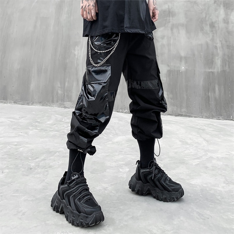 Pantalones negros brillantes charol Cargo bolsillos hombres Streetwear Harajuku pantalones de Harem con cordón ajustable cinta Joggers HipHop pantalones de chándal