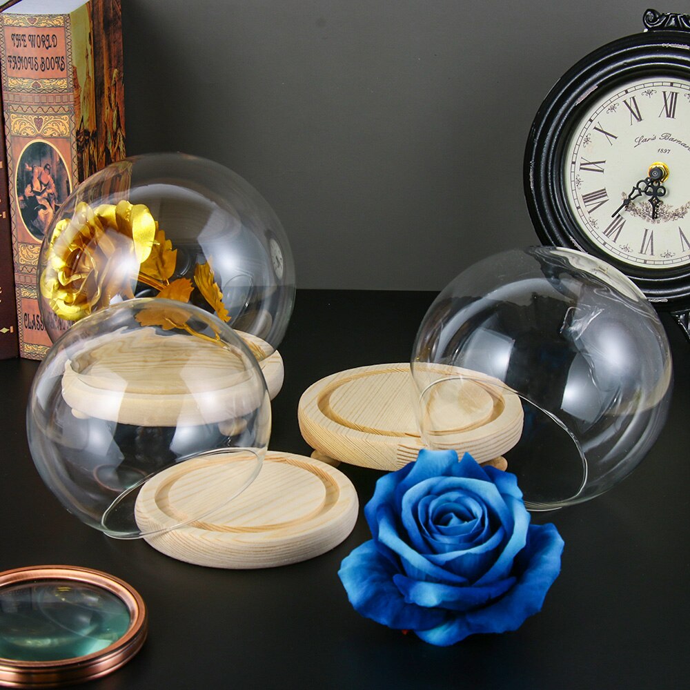 1Pcs Sferische Glas Cloche Jar Display Stand Cover Terrarium Fles Met Houten Base Acryl Stofkap Display Box Bloem doos