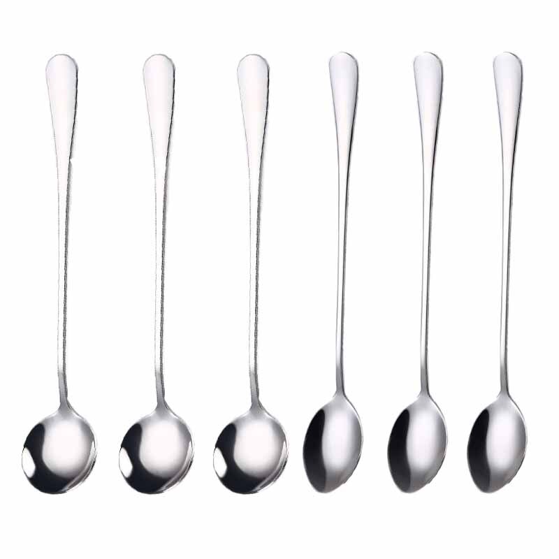 19.5cm Stainless Steel Round Head Spoon Rainbow Coffee Mixing Spoon Set Cold Drink Colorful Dessert Ice Spoon Flatware 6pcs/set: Silver