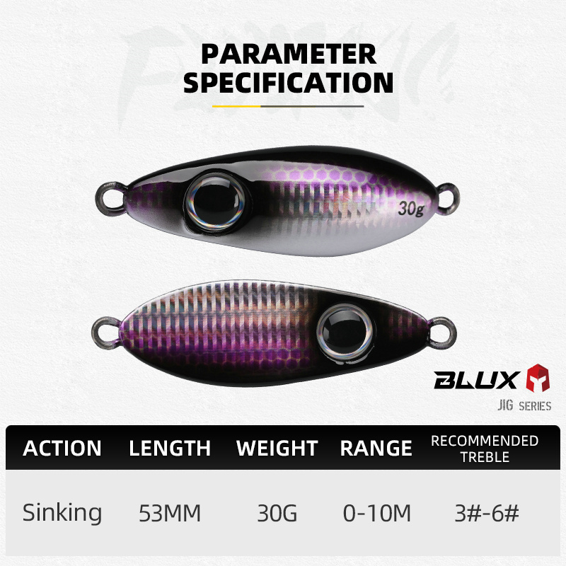 BLUX-cuchara tipo anzuelo de Metal, señuelo de pesca con cuchara, 30G, cebo Artificial, Shore, Jigging lento duro, fundición larga, lubina, atún, aparejos de agua salada
