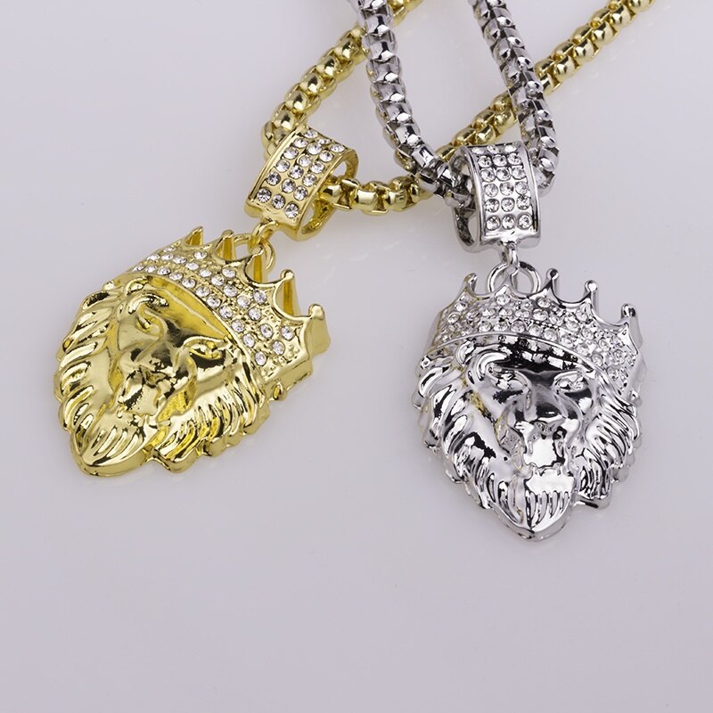 Collares de rapero de aleación para hombre y mujer, colgante de Animal de León, Hip-hop, cadena larga de Metal para suéter, de joyería