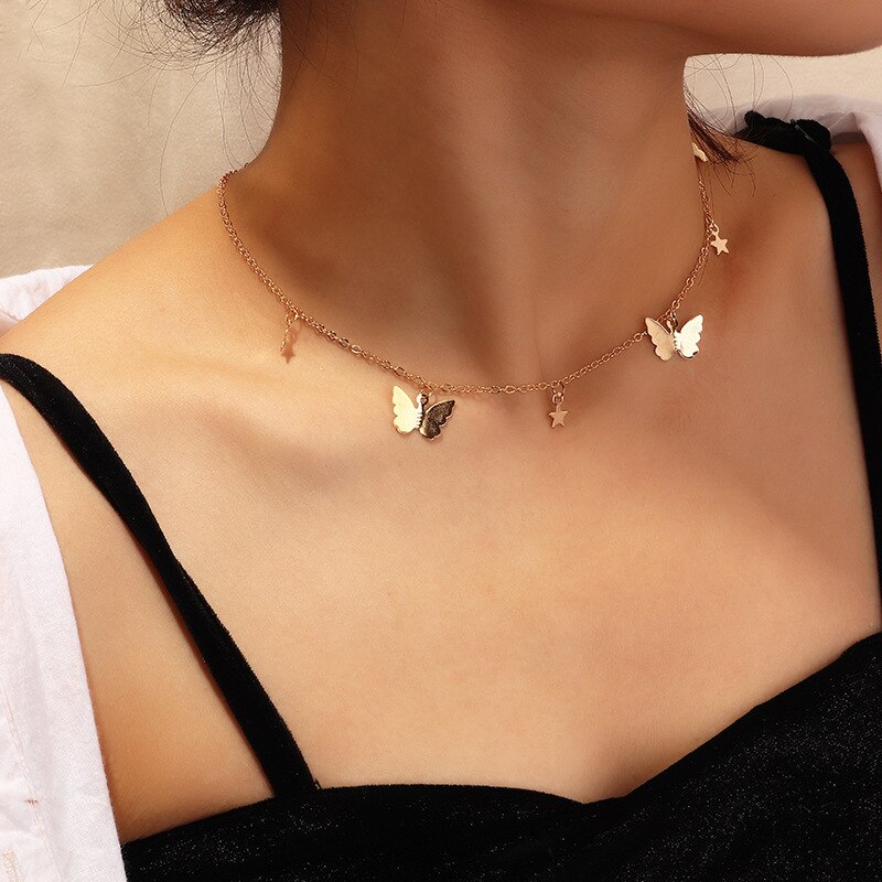 Cute Butterfly Pendant Necklaces For Women Gold Color Chain Collar Shine Choker Necklace Party Engagement Jewelry