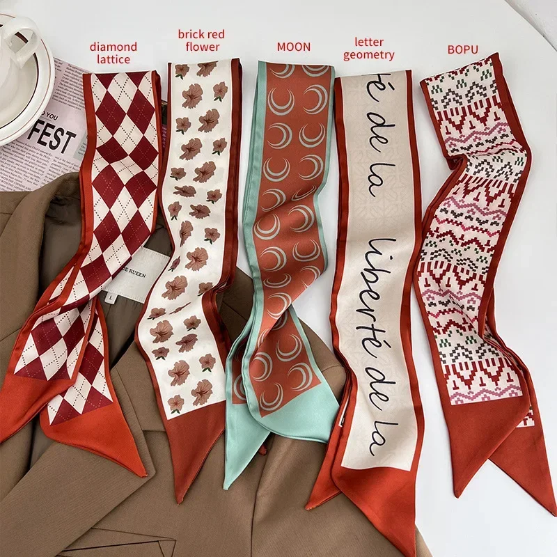 Fita bandana lenço de seda all-match vermelho laço de cabelo longo cachecol acessórios flor impresso cachecol headbands para mulher