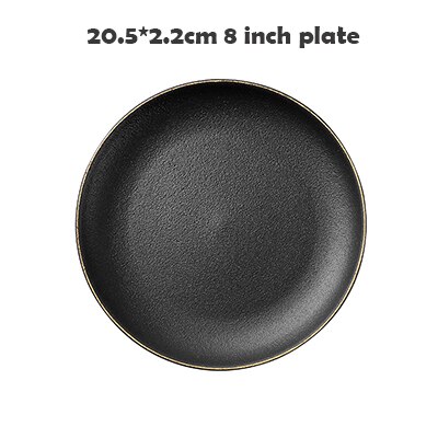 Vajilla dorada negra con borde, PARA CENA plato de cerámica, plato de arroz, ensalada, fideos, tazón para sopa, juegos de vajilla mate, herramienta de cocina: 8 Inch  Plate