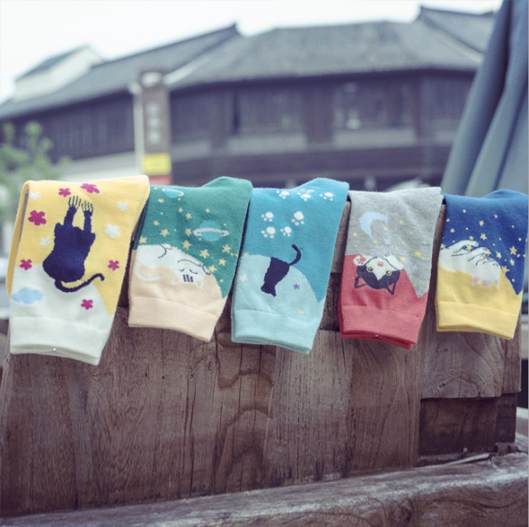 Cute Cat Women Socks Middle Tube Cartoon Cotton Socks for Girls