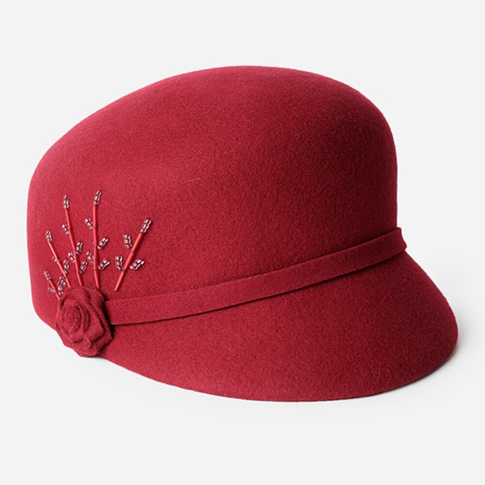 FS 2021 inverno caldo feltro di lana da donna cappellino da strillone cappelli berretto da donna coreano cappello a visiera pittore cappellini con accessori di fiori di lana: borgogna