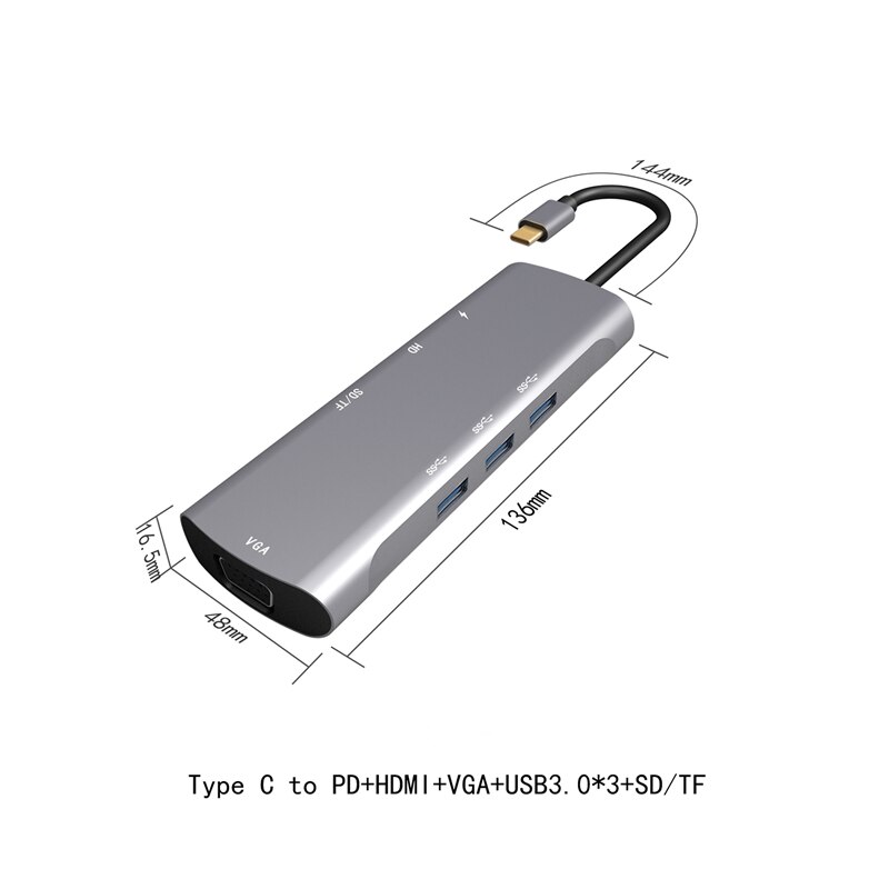 8 in 1 usb-c hub type-c til hdmi vga usb 3.0 tf kortlæser pd ladeadapter splitter