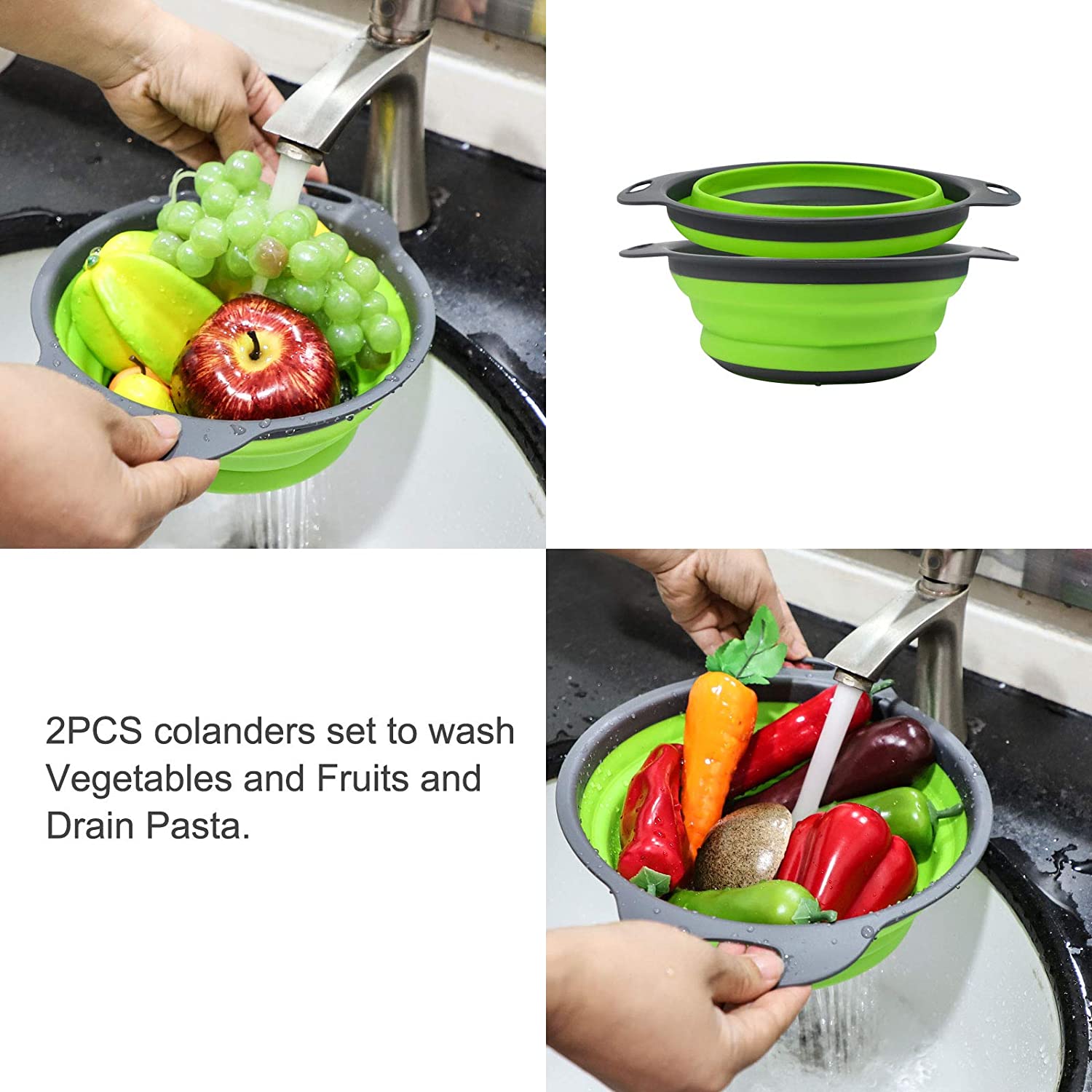Colador de silicona plegable para lavar frutas y verduras, cesta con mango, escurridor, herramientas de cocina