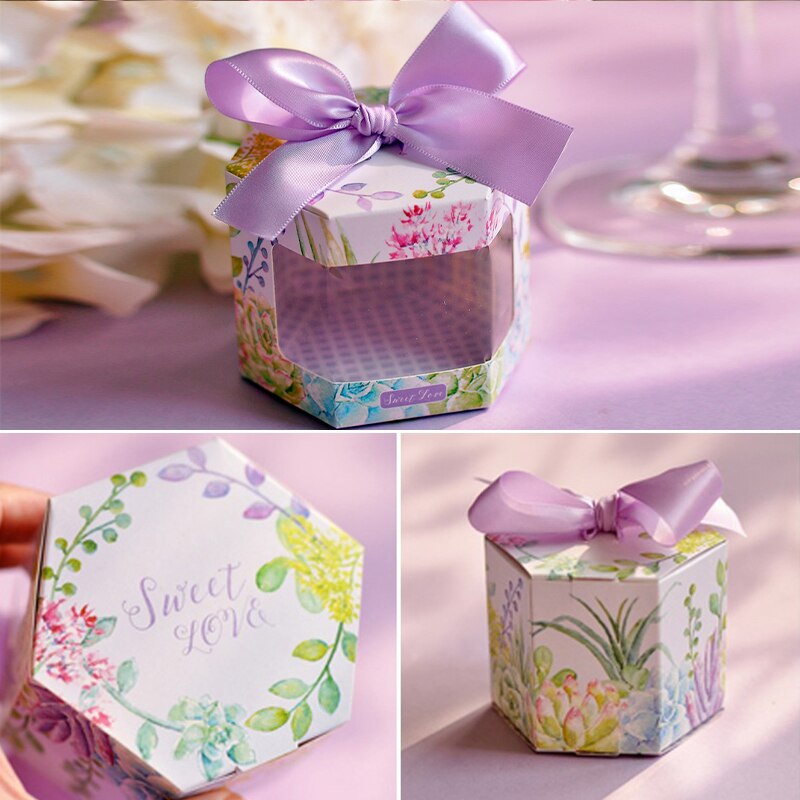 5Pcs Vintage Bloemen Gedrukt Dozen Snoep Hexagon Vorm Dozen Met Strik Lint Wedding Party Candy Chocolade Wikkelen Doos